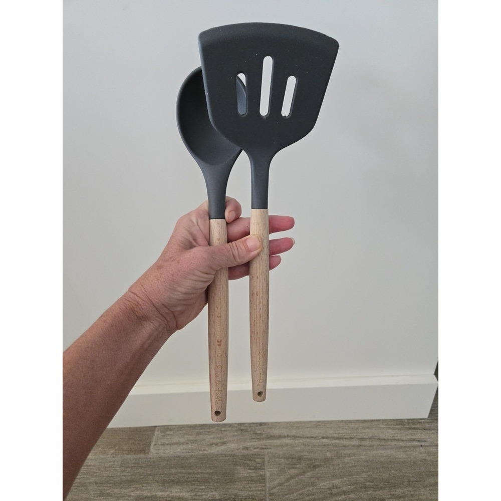 Sur La Table 2 Piece Silicone Utensil Set Gray Wood Handle Spoon Spatula